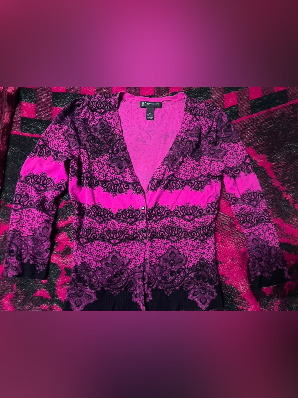 INC International Concepts Hot Pink and Black Patterned Cardigan